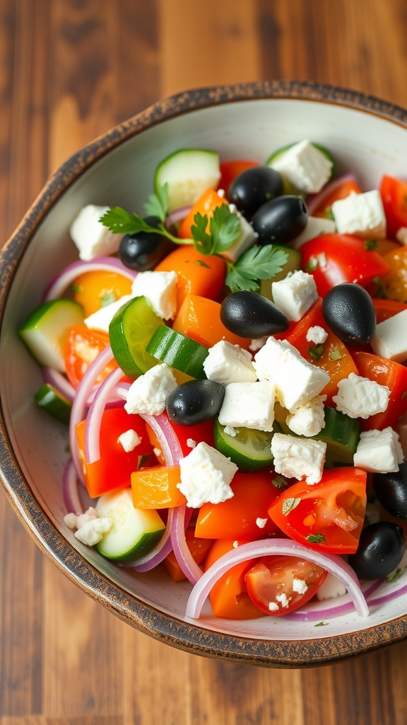 A colorful Mediterranean feta salad with tomatoes, cucumbers, onions, olives, and feta cheese in a rustic bowl.